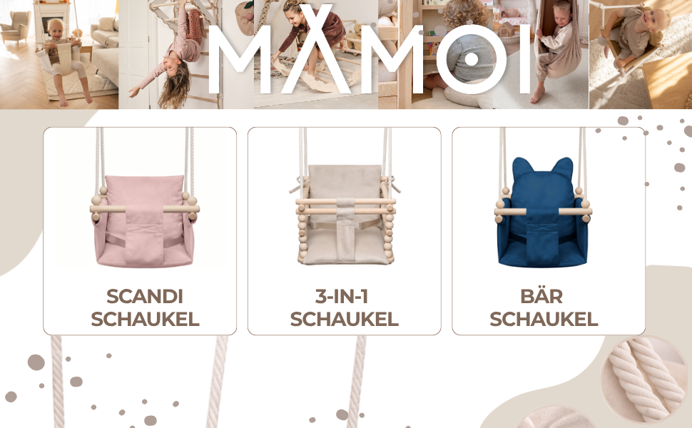 Дитяча гойдалка-колиска MAMOI з ременем безпеки, регульована висота 150-190 см, бежева. Гойдалка для дому, міцна конструкція, велюрове сидіння, легкий монтаж.