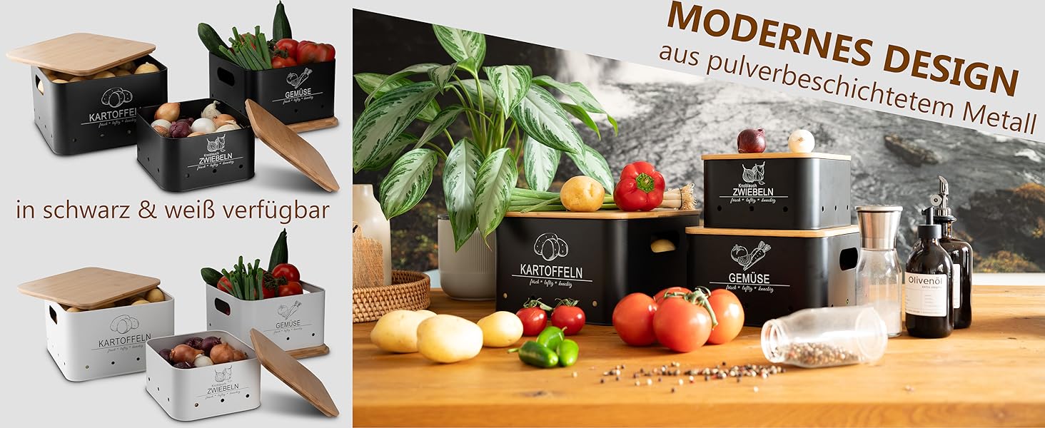 Коробки для зберігання картоплі та овочів MNKsolution (3 шт.) - Чорні контейнери для картоплі, овочів, цибулі та часнику - Органайзер для кухні