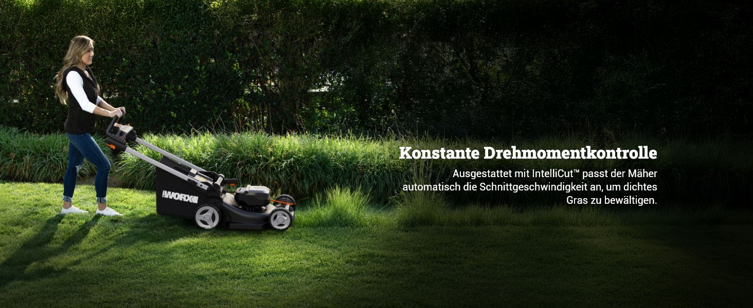Акумуляторний газонокосарка WORX WG749E 40V PowerShare з приводним колесом, безщітковий двигун, ширина зрізу 46 см, 7 положень висоти зрізу, чорний колір, акумулятор та зарядний пристрій в комплекті