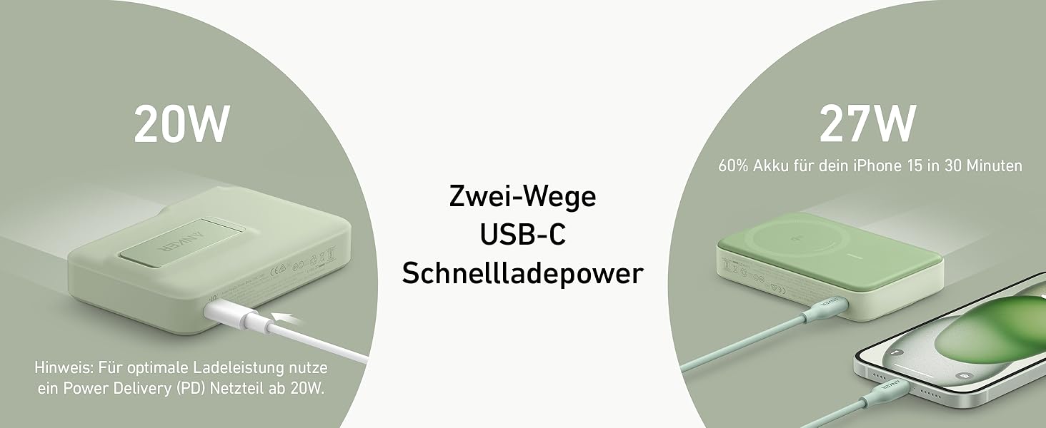 Вт MagSafe Powerbank, 10 000 мАг, дисплей і підставка, включаючи кабель USB-C (зелений), 15