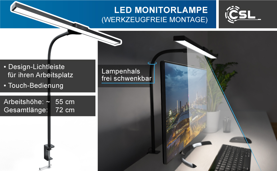 LED-лампа для монітора CSL Screenbar USB з пультом дистанційного керування, регульована яскравість, 3 колірні температури, захист очей, поворотна