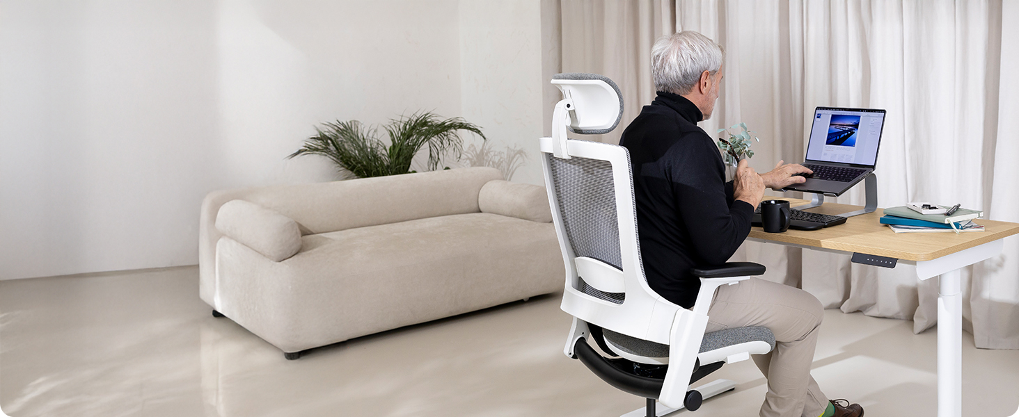 Ergotopia NextBack: ергономічне крісло для офісу з підтримкою спини | Крісло для роботи з підголівником та підлокітниками | 5 років гарантії (сірий/білий)