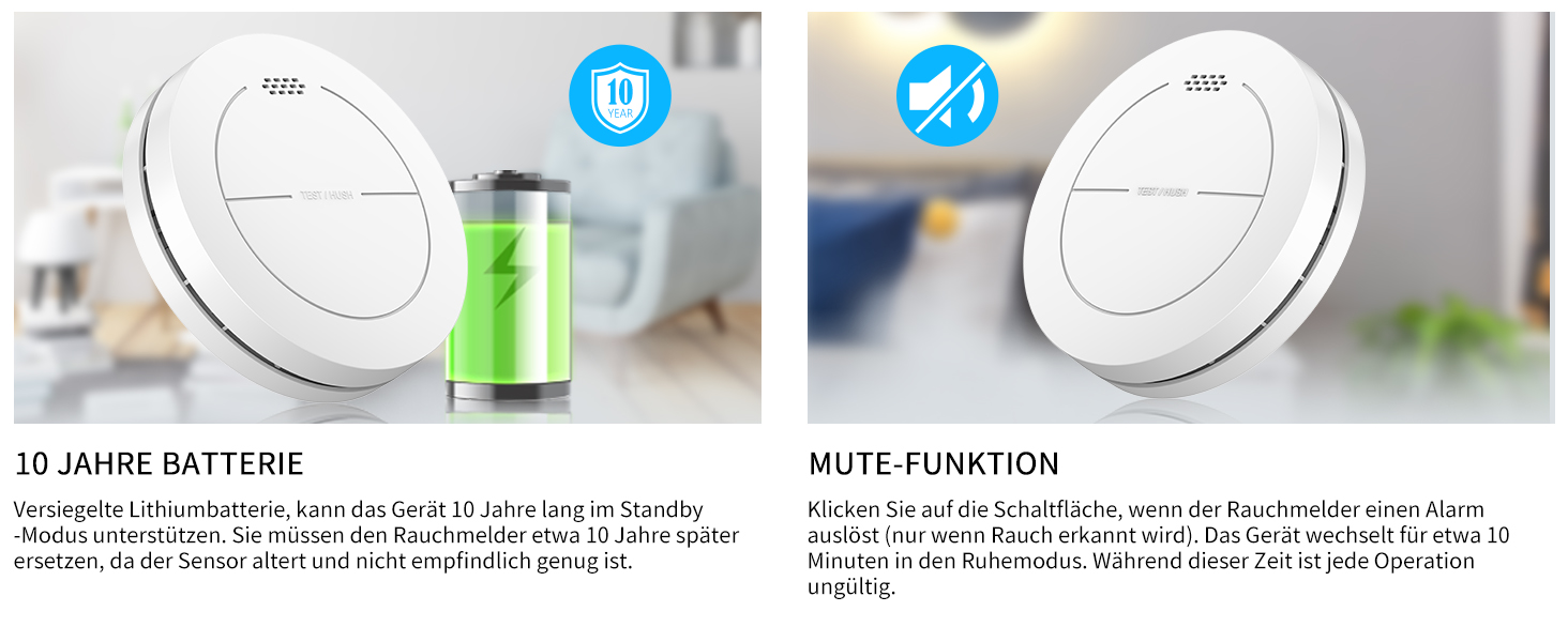 Набір датчиків диму Rauchmelder 6 шт. без світлодіодів, з батареєю на 10 років, клейкими панелями, функцією відключення звуку, 85 дБ, автономні плоскі датчики диму для пожежної безпеки вдома.