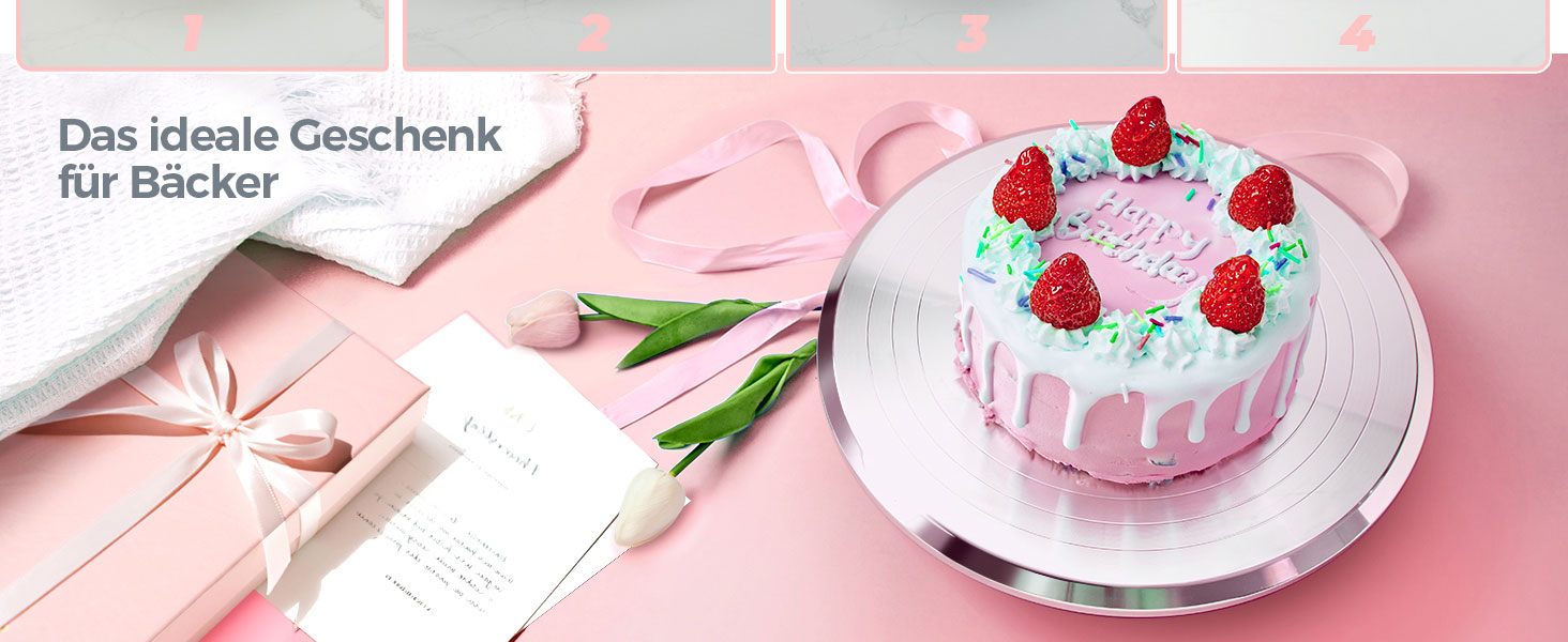 Ohuhu Поворотна платформа для тортів, 30 см, алюмінієвий сплав, 2 шпателі та 3 скребки, для декорування тортів та випічки, подарунок для кондитерів (Рожевий)