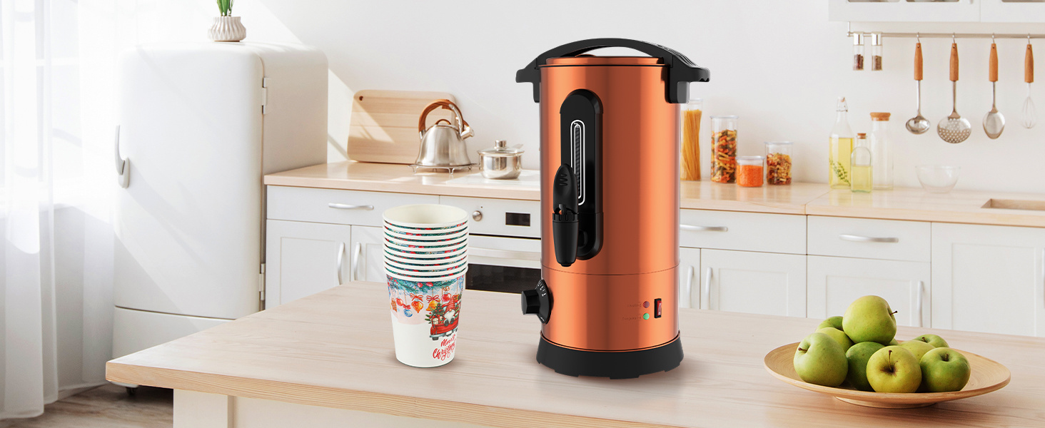 Глювайновий нагрівач 8л з 10 чашками | 1500W диспенсер гарячих напоїв з нержавіючої сталі з термостатом 30–110°C, функція підігріву та виливний кран | Глювайновий автомат для вечірок, мідно-кольоровий 8л