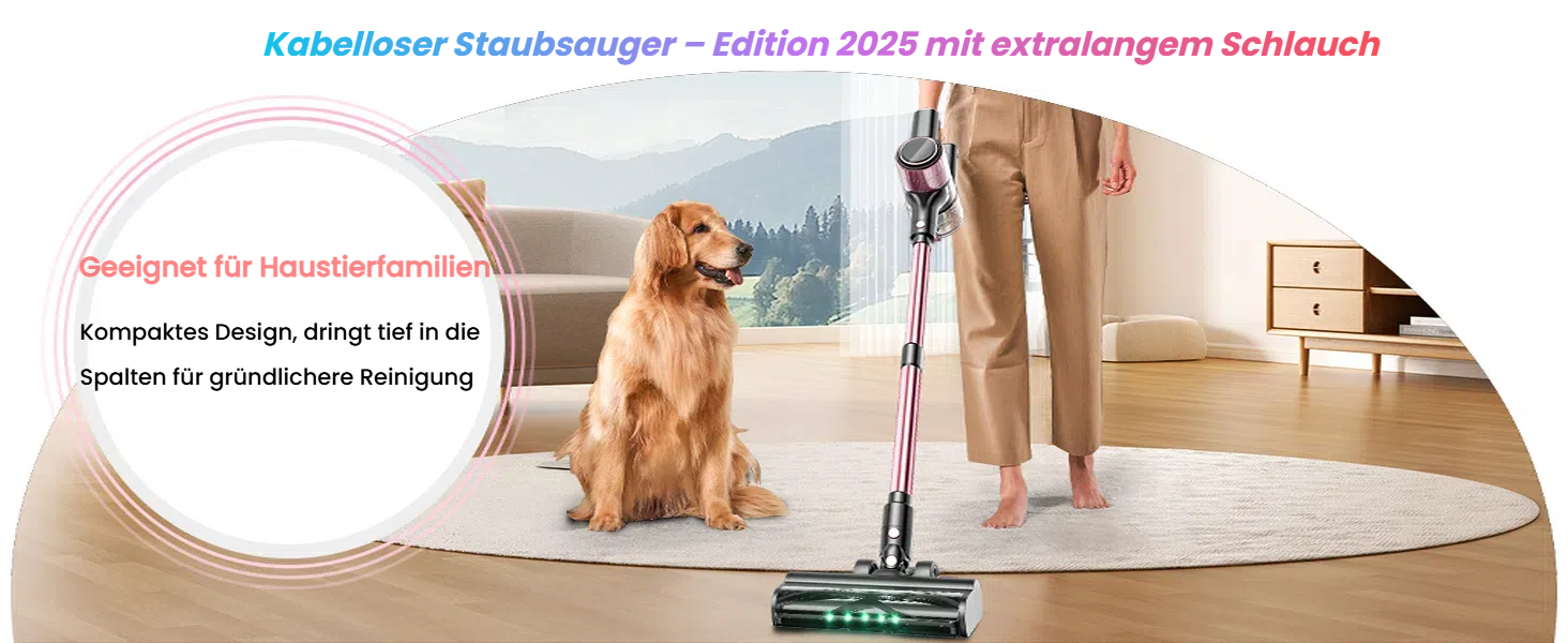 Бездротовий акумуляторний пилосос 45000Pa/500W/45хв з LED дисплеєм та антизаплутана насадка, висувний шланг 73см для твердих поверхонь, килимів та шерсті тварин, рожевий