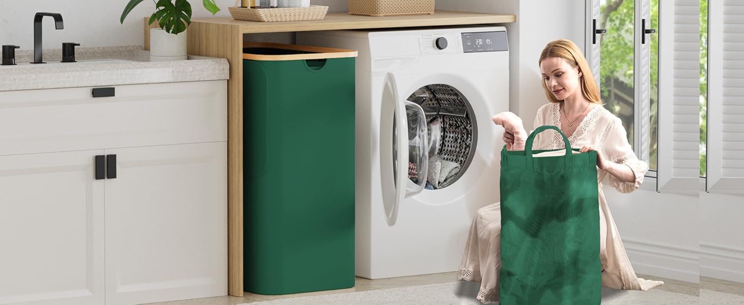 Кошик для білизни Youdenova з кришкою, великий, 160л, бамбук/дерево, сортувальник, білий