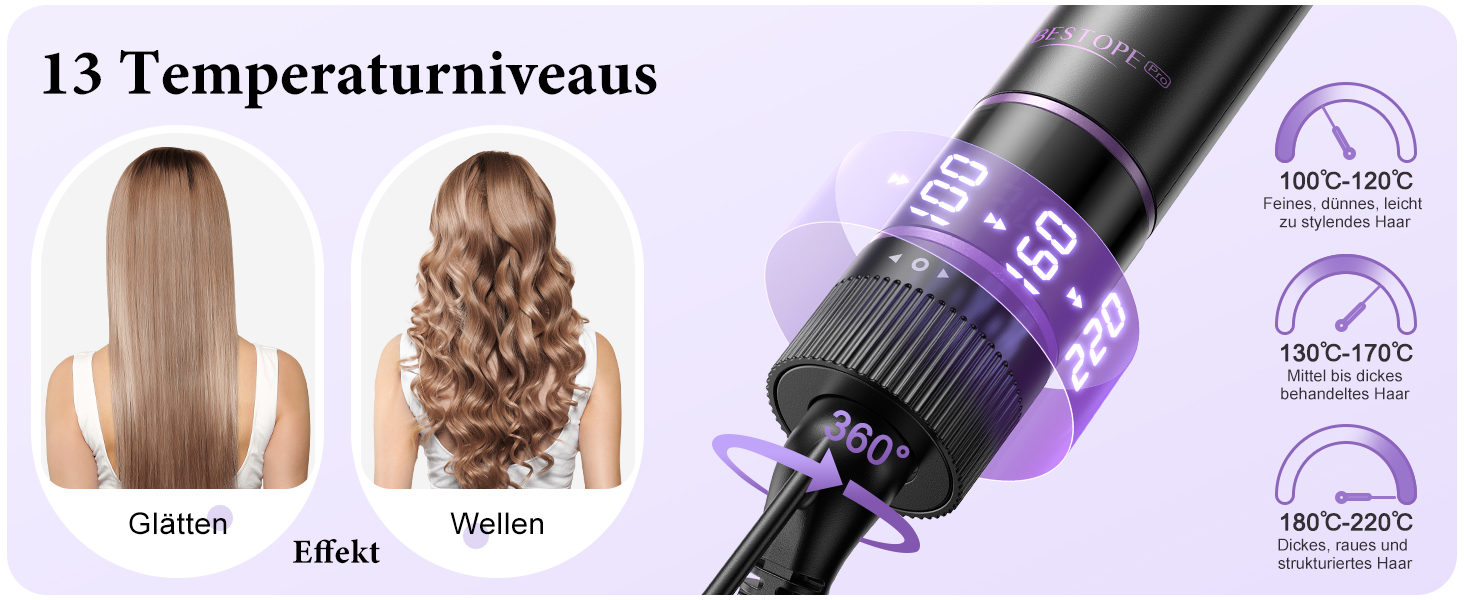 BESTOPE PRO Локкенстаб: Набір для створення локонів 5 в 1 з плойкою, термощіткою, 3 локонами (9mm-25mm) для великих локонів, 13 температур, керлером з термозахистом. Матова поверхня, рукавичка, затискач. Колір: Північне сяйво (Lila)
