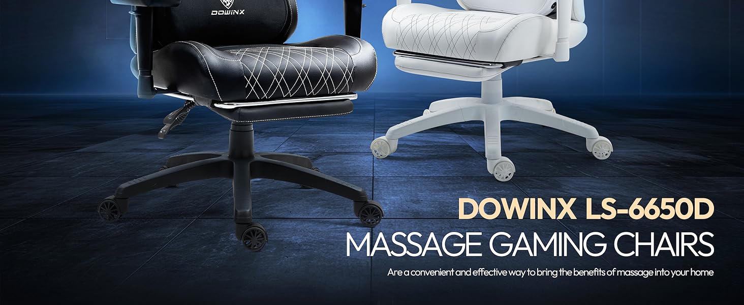 Ігровий крісло Dowinx з масажем та підігрівом, дихаюча спинка, регульована підставка для ніг, підтримка спини та шиї, чорно-білий