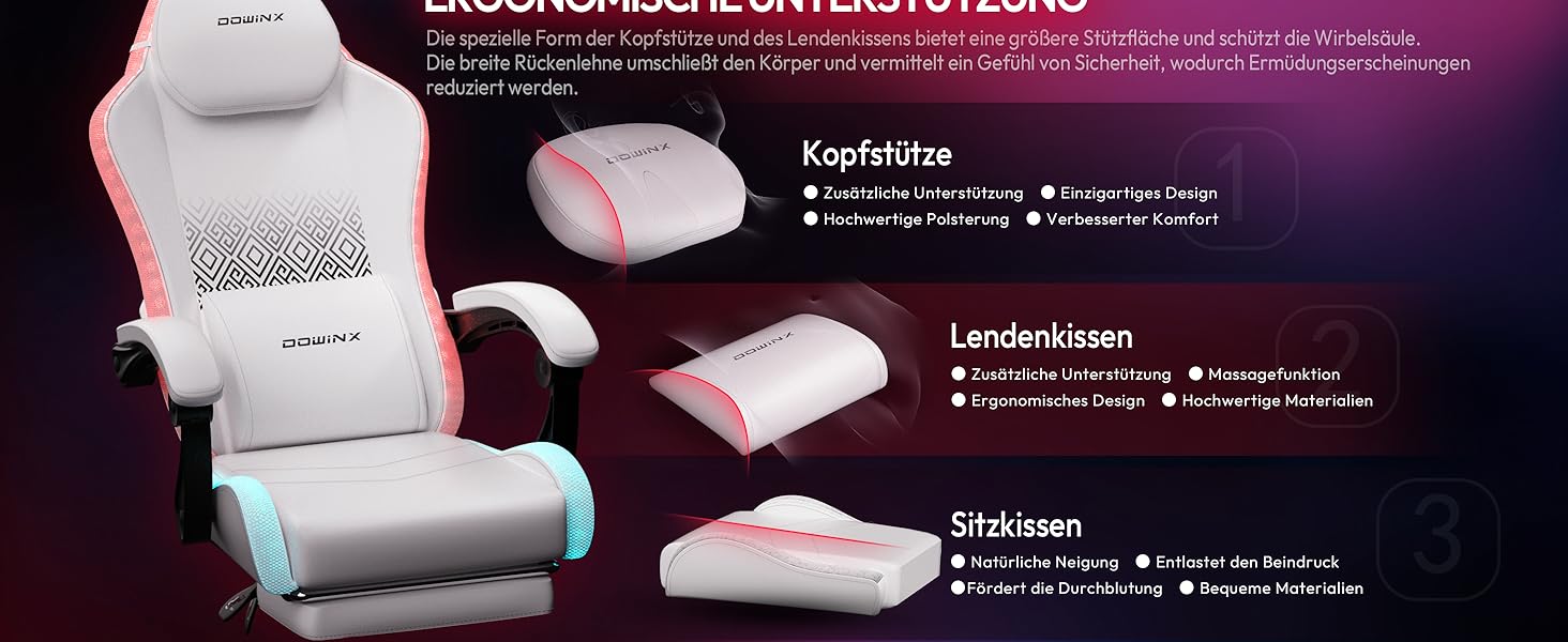 Ігровий крісло Dowinx з RGB підсвічуванням, LED, з підніжкою, для дорослих, ергономічний, з масажем попереку, з PU шкіри, білий