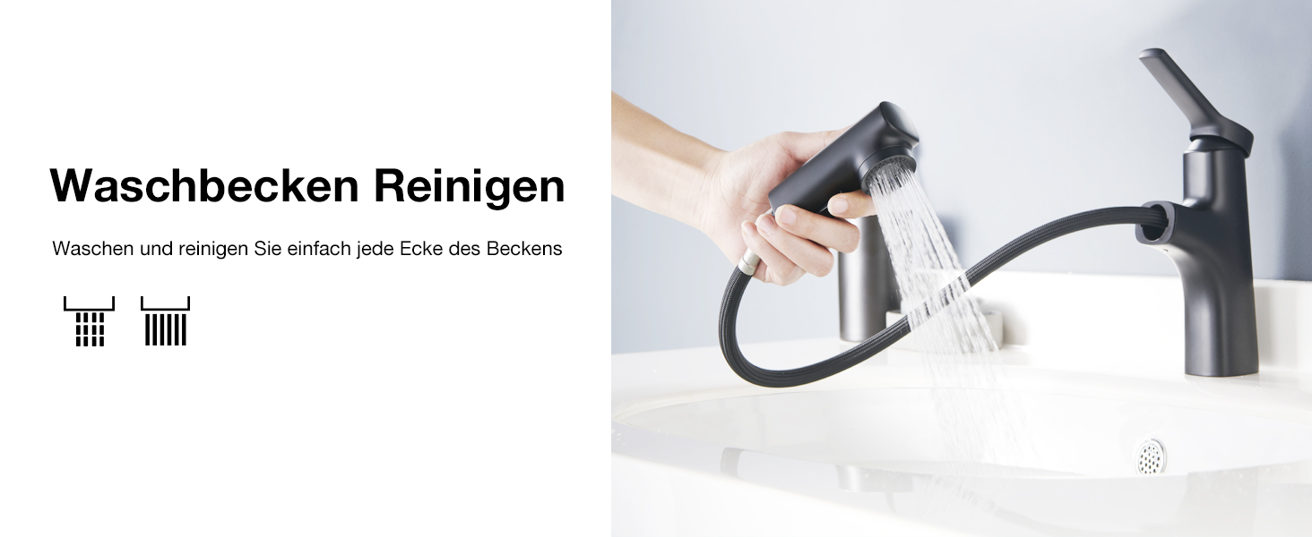 Сучасний змішувач для ванної кімнати CREA з висувною лійкою, 2 режими струменя, одноlever, з міді з хромовим покриттям (чорний)