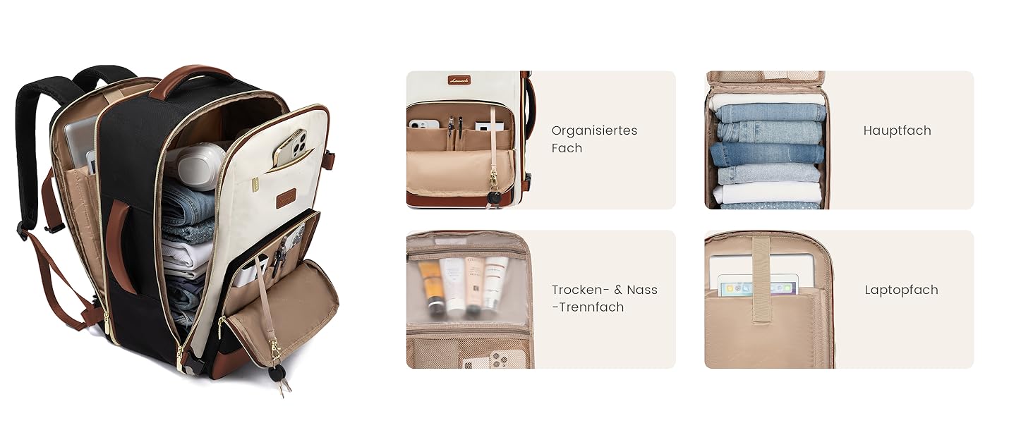LOVEVOOK Рюкзак ручної поклажі, 17.3 дюйми, 40L, для подорожей та бізнесу, водонепроникний, для жінок, 45x30x20см, 4 кольори (Teegrün, Beige, Schwarz, Braun)
