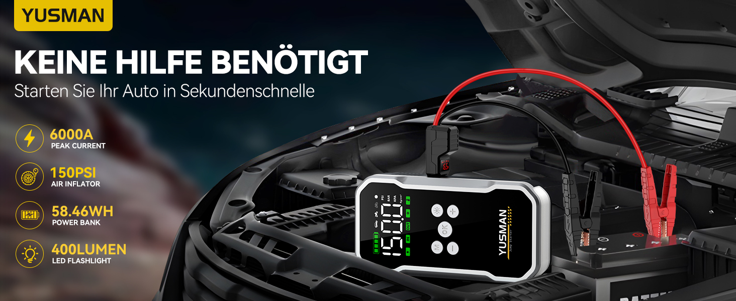 Powerbank для автомобіля Starthilfe: 6000A, 12V, для бензинових та дизельних авто, LCD-дисплей, 4 режими LED-підсвічування – для SUV, мотоциклів, газонокосарок