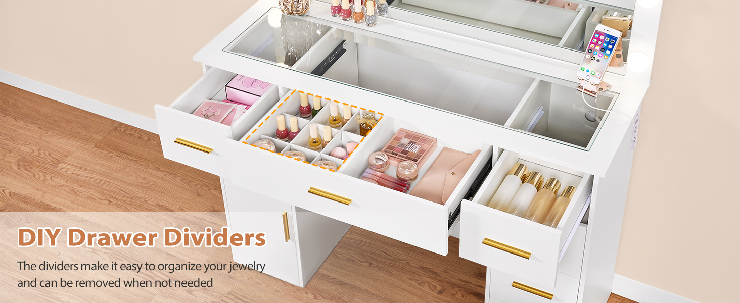 Великий туалетний столик ANWBROAD з регульованою LED-підсвіткою 3 кольорів та розеткою. Сучасний туалетний столик з дзеркалом, 7 ящиків, білий, 140x110x40 см. Модель BDT83W