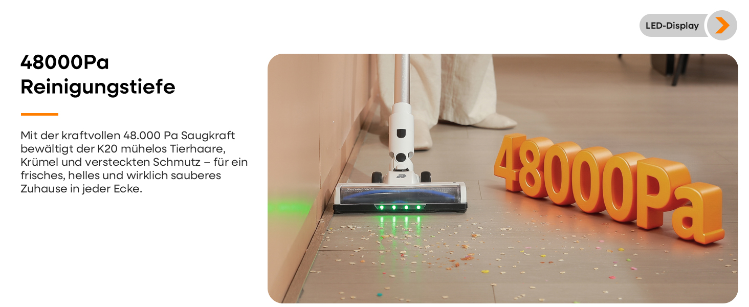 Акумуляторний пилосос ElecKeys 48000 Па, 580 Вт, 65 хв з LED дисплеєм, для підлоги, килимів та шерсті тварин, білий