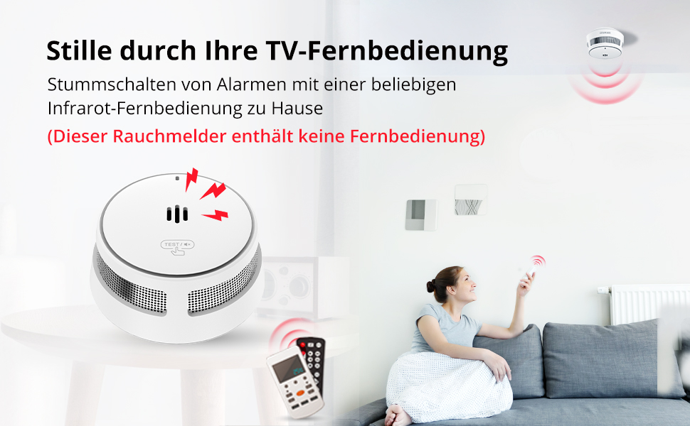 Датчик диму Rauchmelder: 5 шт., батарея на 10 років, для дому, з віддаленим вимкненням та великою кнопкою тестування, EN14604
