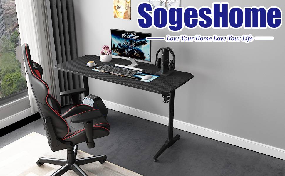 Стіл ігровий SogesHome 140 см, T-подібний, з підставкою для миші, тримачем для напоїв та гачком для навушників, ергономічний, для комп'ютера, офісний