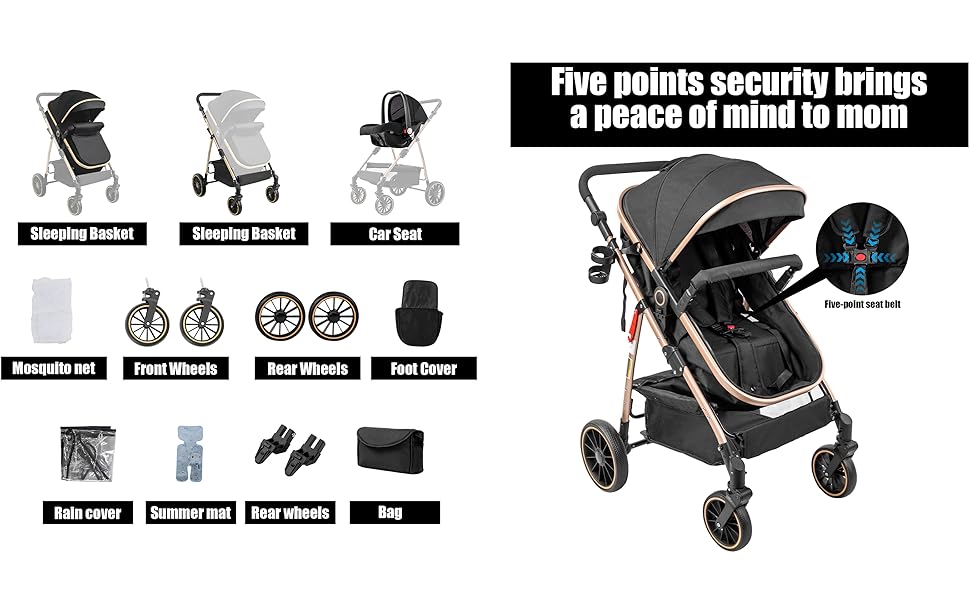 Дитяча коляска 3 в 1 Magic ZC 360° з обертовим сидінням, PU-шкіра, комплект з аксесуарами, складана, легка, чорний (906 Black, V8 Black)