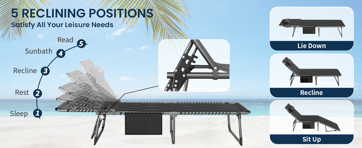 Розкладне ліжко для кемпінгу UDPATIO: зручне ліжко для відпочинку на природі, регульована спинка, з матрацом, чорний колір