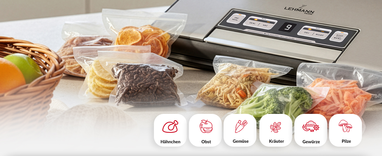 Вакууматор для продуктів LEHMANN — вакуумний пакувальник для сухих та вологих продуктів, пристрій для запаювання пакетів з шлангом для відкачування повітря, ширина шва 30 см