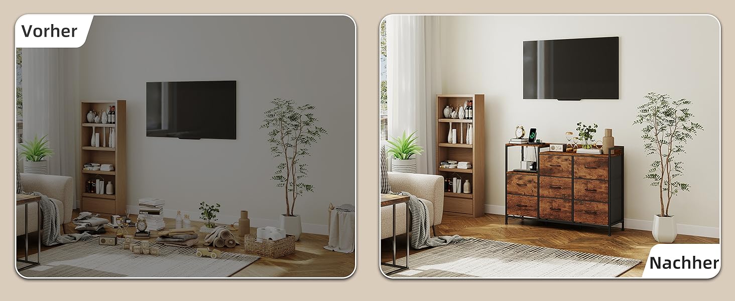 Комод Somdot для спальні, вітальні, передпокою з висувними ящиками, LED-підсвічуванням та розеткою (2 AC, 1 USB, 1 Type-C), 5 тканинних ящиків, білий, 29T x 66,5B x 70,5H см (декор під дерево, 29T x 99B x 70.5H см (8 ящиків))