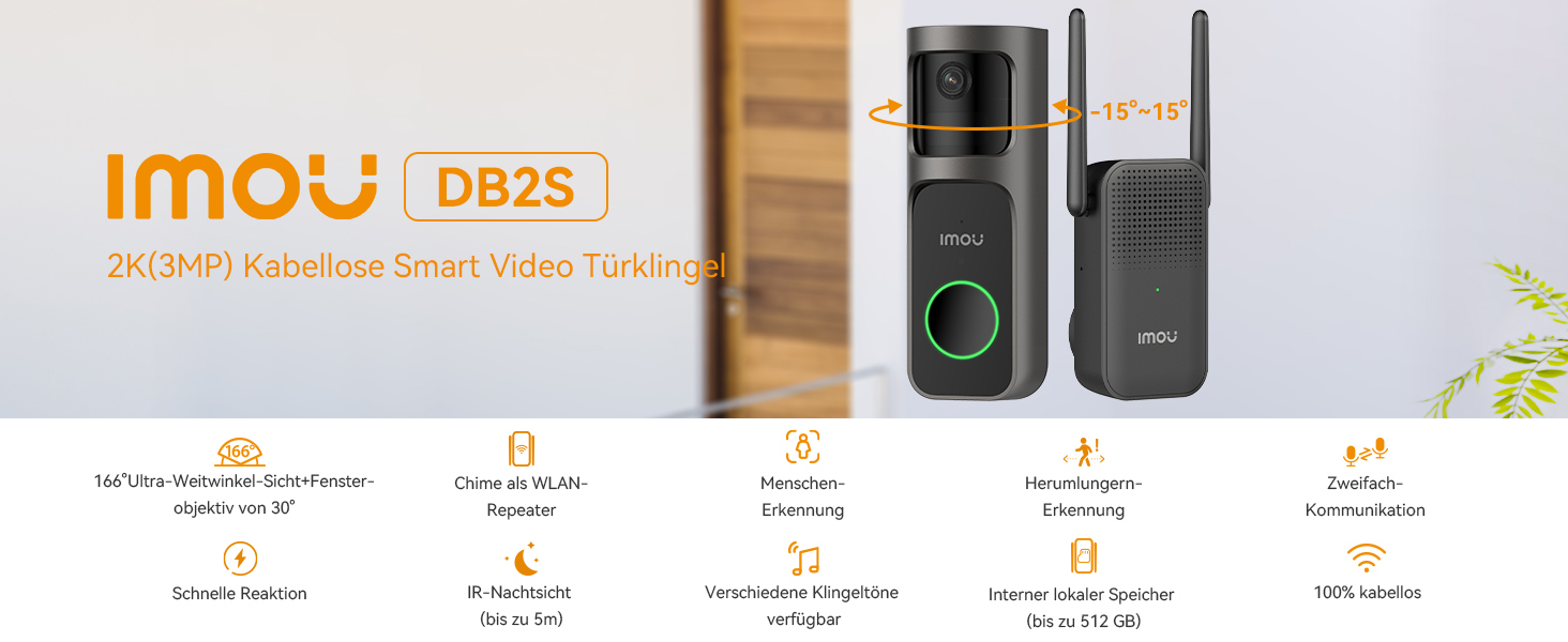 Відеодзвінок Imou DB2S 2K (3MP) WiFi з дзвінком, AI-розпізнавання людей, нічне бачення 5м, двосторонній аудіо, SD-карта