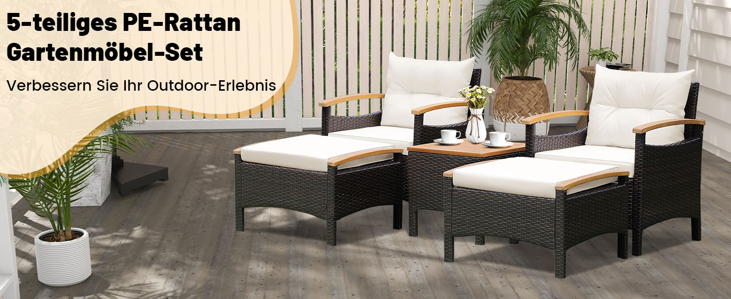 Набір садових меблів GIANTEX 5 предметів: 2 крісла, 2 пуфи та столик - ротанг, кремово-білий колір, для саду та балкону