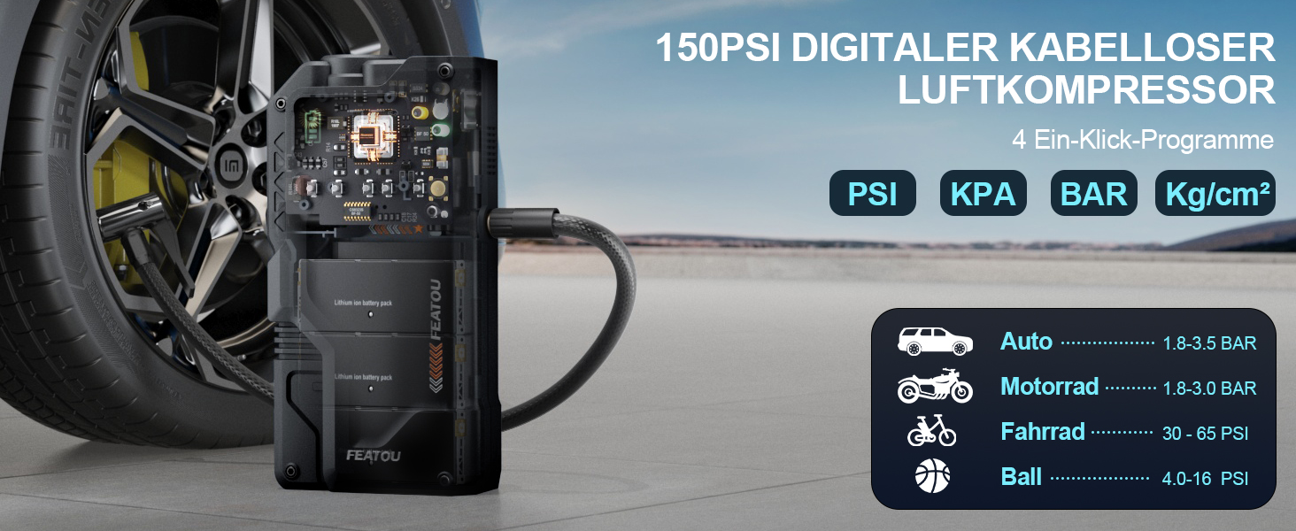 Powerbank з компресором Starthilfe 6500A: автостартер 12V для легкових автомобілів з повітряним насосом, бустер-акумулятор (для 9.0L бензину/8.5L дизеля) з пусковими кабелями, LED ліхтар 500 люмен (чорний), піковий струм 6500A