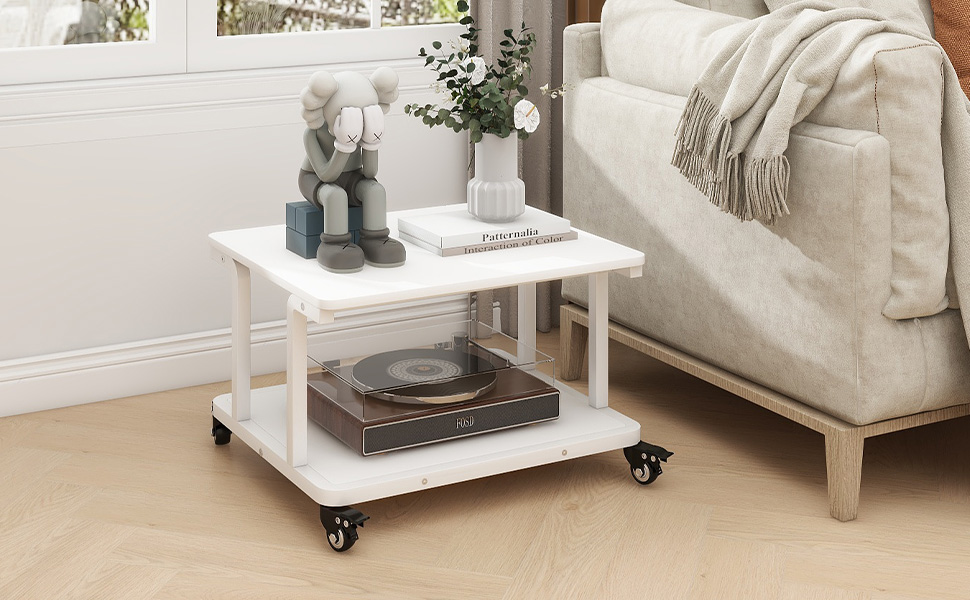 Стіл для принтера PUNCIA з 2 рівнями, мобільний, 60x50 см, білий. Підходить для принтера, сканера, копіювальника.