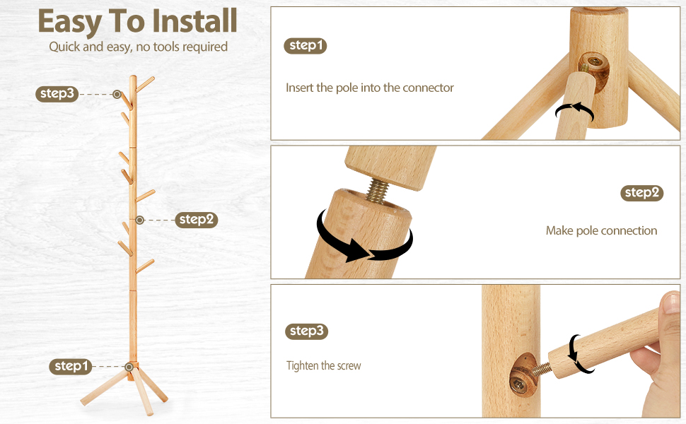 Підставка для одягу з бука, 9 гачків, 3 рівня висоти, білий колір, дерев'яна