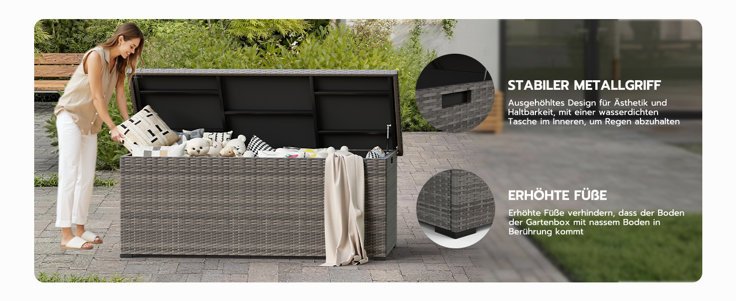 Водонепроникний садовий ящик Amopatio Gartenbox 650л з поліротангу для подушок, металевий ящик для зберігання з газліфтами для саду та балкону, сірий