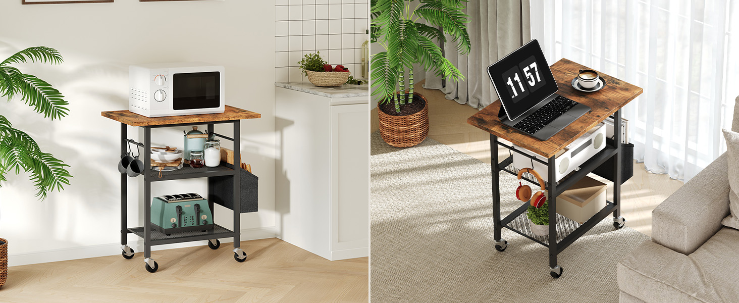Трирівневий стіл для принтера з ящиком, контейнер на коліщатках, стійка для принтера, полиця для зберігання, в стилі індустріального лофту, з бічною кишенею, дерев'яна полиця, 2 S-гачки, для домашнього офісу, рустикально-коричневий та чорний, APTHR2501, 50 x 40 x 60 см