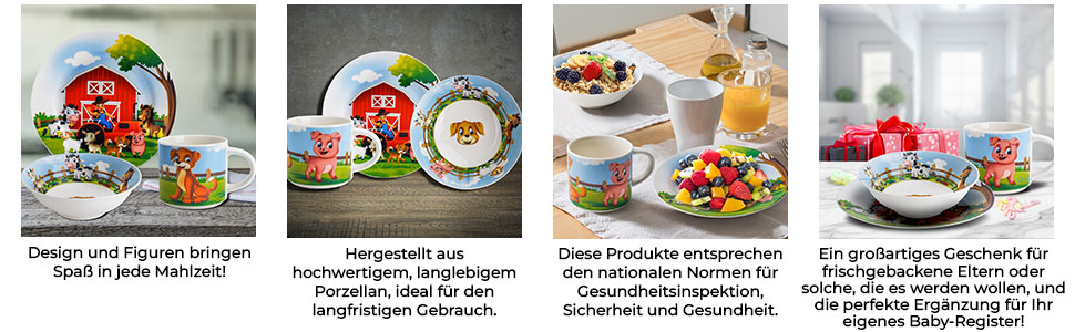 MIAMIO Набір дитячого посуду з порцеляни (3 шт.) - Тарілка, миска, чашка - Для дітей та малюків (Ферма)