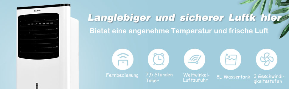 Охолоджувач повітря COSTWAY  75 Вт / 8 л Бак / Таймер 7.5 год / Пульт дистанційного керування 