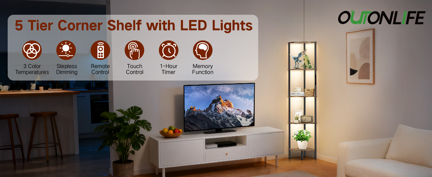 LED торшер з полицею, 3 режими світла, димування (сенсор/пульт), кутова полиця 5 рівнів, вузька книжкова шафа для вітальні, спальні, офісу, чорний