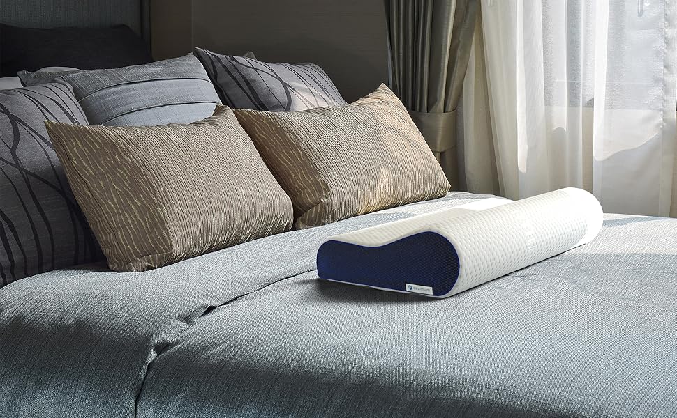 Ортопедична подушка для шиї з Memory Foam, регульована висота, знімає напругу голови та шиї, проти болю в шиї, 60x30 см, з синім чохлом, середньої жорсткості