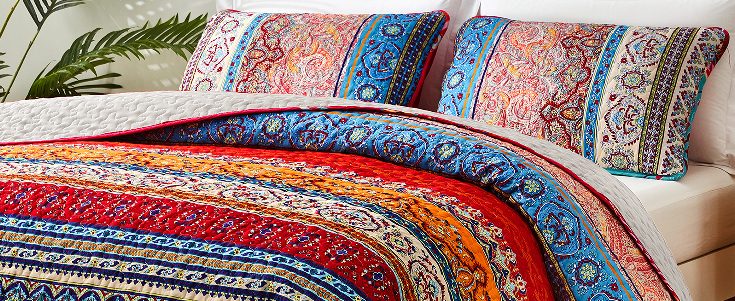 Постільна покривало WONGS BEDDING Boho 3-предметний комплект (220x240 см) з 2 наволочками 50x70 см, стібана ковдра з мікрофібри для спальні та дивана, Беміс