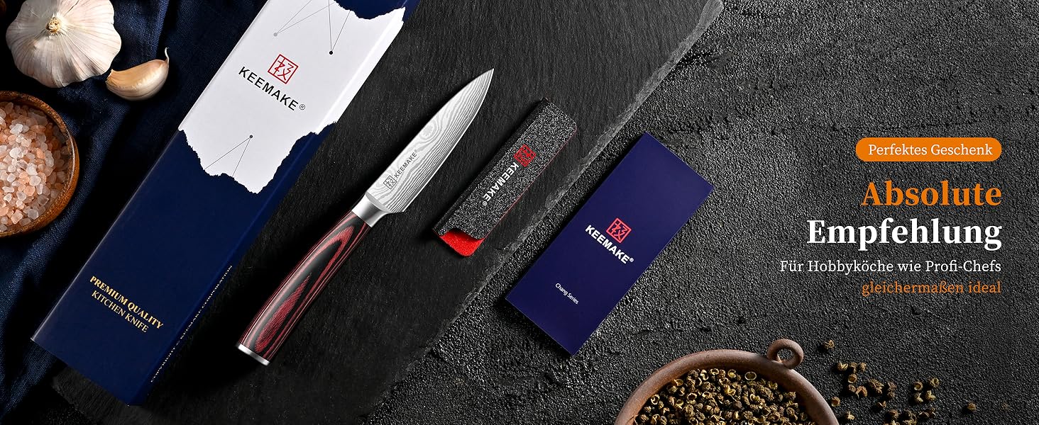 KEEMAKE Набір професійних кухонних ножів з нержавіючої сталі з захистом леза, гострі ножі шеф-кухаря та універсальні ножі для м'яса, овочів та риби (овочечистка 8.9 см)