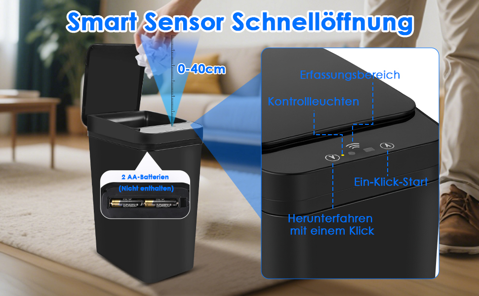 Набір з 2 відер для сміття з сенсором, 12л, автоматичний відкривання кришки, 3 режими роботи, тихе, водонепроникне, інтелектуальне відро для сміття, для кухні, офісу, вітальні, ванної кімнати (Чорний+Білий)