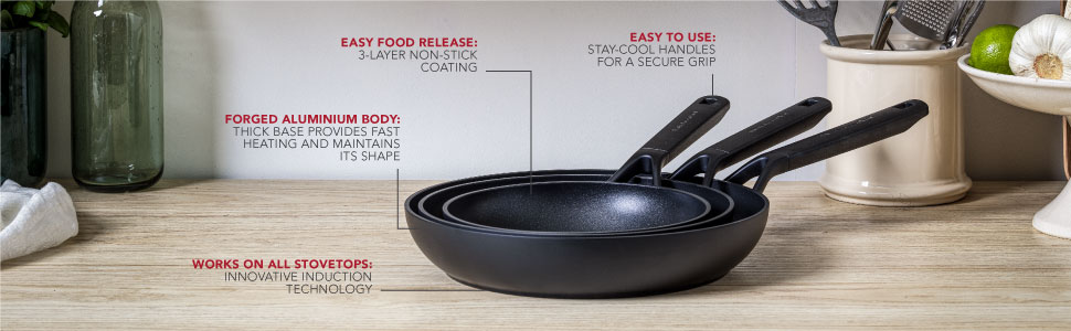 Набір сковорідок KitchenAid Classic для індукційних плит (20, 24, 28 см), твердоанодований алюміній з керамічним антипригарним покриттям без PFAS, чорний