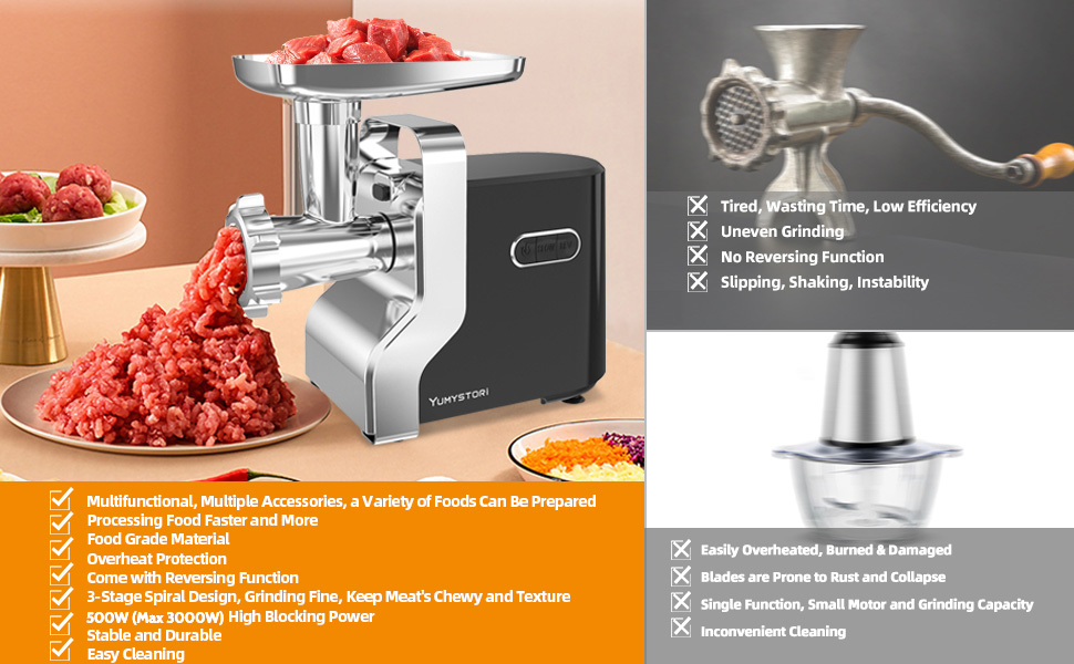 Електрична м'ясоподрібнювач Fleischwolf, мультифункціональна модель з трьома насадками для нарізки, з насадкою для ковбас та для випікання, 3 сталеві диски, чорний