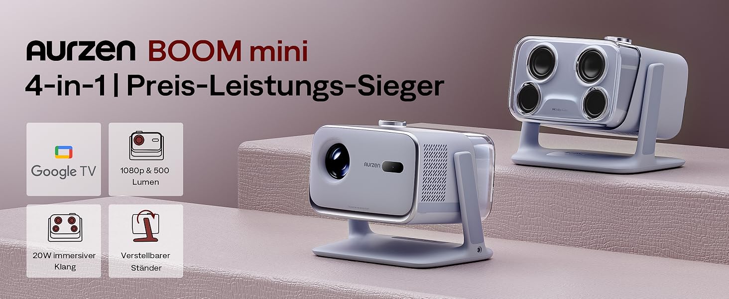 Aurzen Boom Mini 4-в-1 Smart Beamer з Google TV, 4K, проєктор для дому та на вулицю, 20W Dolby Audio, 500 ANSI, автофокус ToF, корекція трапеції, Wi-Fi/Bluetooth, сумісність з телефоном (блакитний)