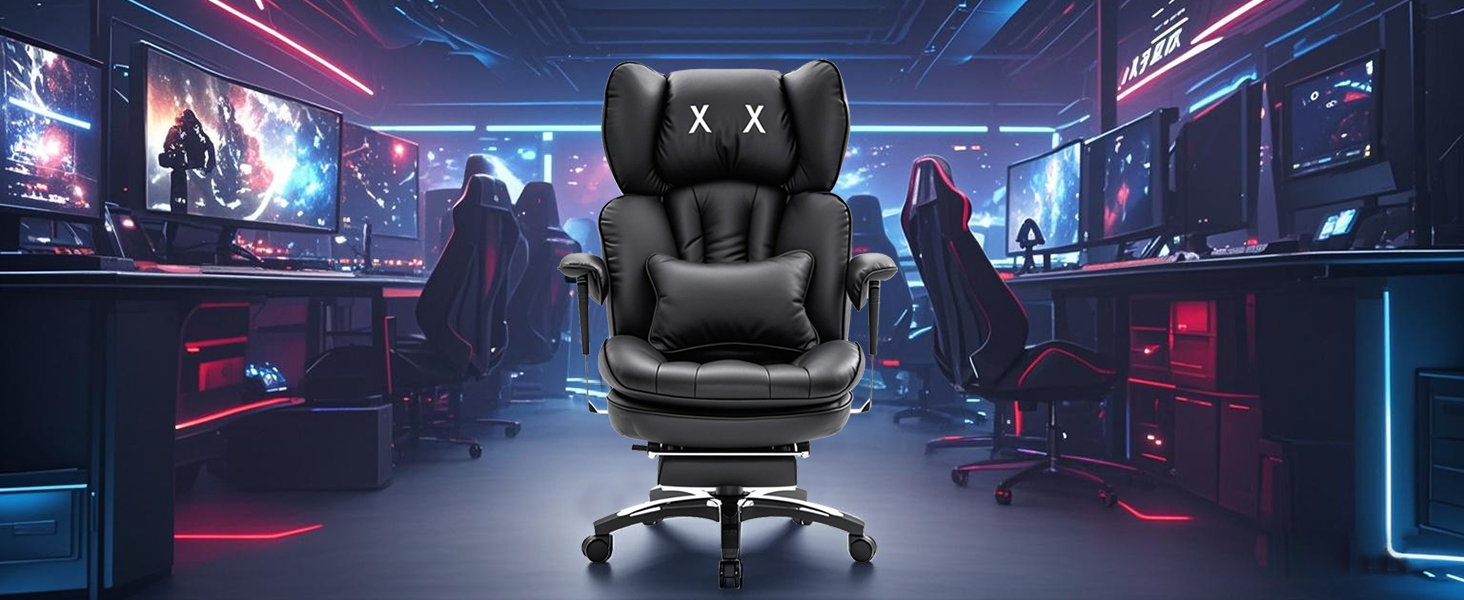 Ергономічне офісне крісло Efomao з PU шкіри для дому та офісу, 200 кг, з підставкою для ніг та підтримкою попереку, чорне