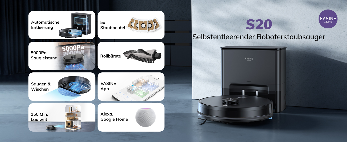 Робот-пилосос з функцією миття підлоги, автоматична станція самоочищення, лазерна навігація, зони заборони, 5000Pa, 5*2.5L мішки для пилу, 180 хвилин роботи, керування через додаток, для твердих підлог, килимів та шерсті тварин, S20