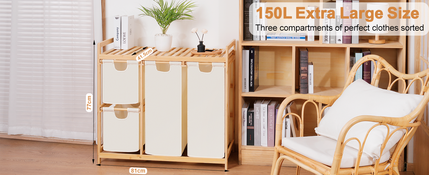Бамбуковий кошик для білизни iEGrow з 4 відділеннями (150л), з полицею для брудної білизни, Oxford-тканина, 2 x 50л, 2 x 25л, бежевий