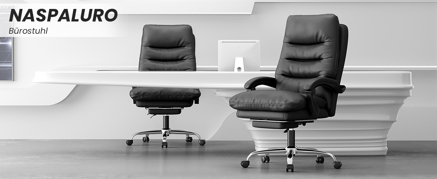 Ергономічне крісло для офісу Naspaluro з підніжкою, крісло для комп'ютера з двошаровою подушкою, високою спинкою, функцією відкидання, регулюванням висоти, з PU-шкіри, чорне, до 150 кг