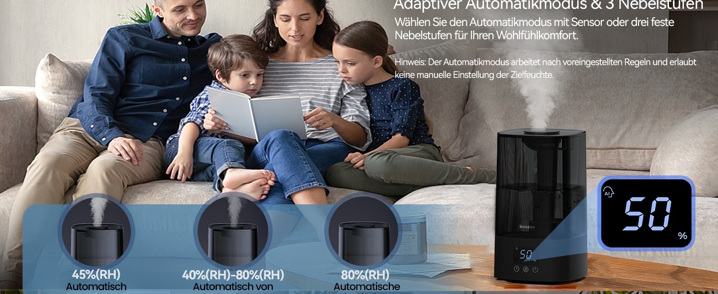 Зволожувач повітря автоматичний для спальні та великих приміщень 4.5 л, з таймером, сенсором вологості, до 18 годин роботи, автовимкнення, 360° розпилення (Чорний)