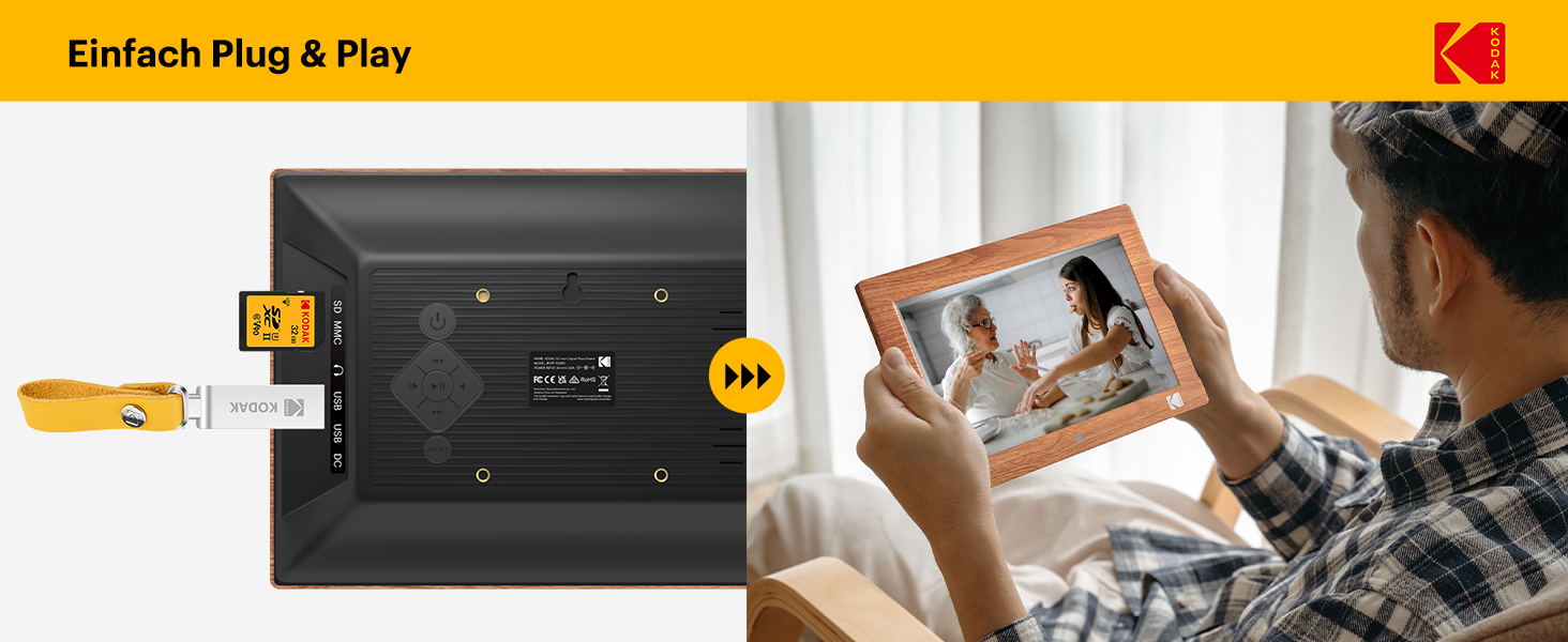 Цифровий фотоальбом KODAK 10 дюймів з пультом, без Wi-Fi, IPS-дисплей 1280x800, відтворення фото/відео/музики, USB/SD, дерев'яний корпус