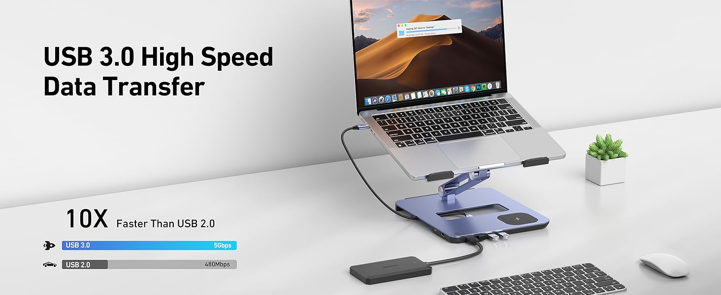 Підставка для ноутбука BENFEI з алюмінію з USB-C док-станцією 6в1, 15W Mag-Safe зарядкою, USB 3.0 KVM Switch, HDMI 4K@60Hz, 4*USB3.0, 100W PD для MacBook Pro/Air iPad Pro XPS Thinkpad