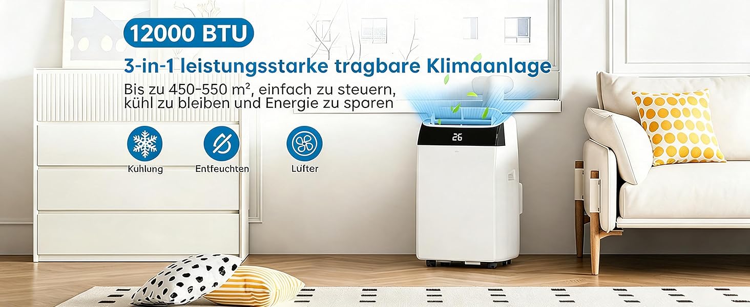 Мобільний кондиціонер Acekool 12000 BTU 4-в-1 з нічним режимом, енергокласу A, для кімнат до 51м²